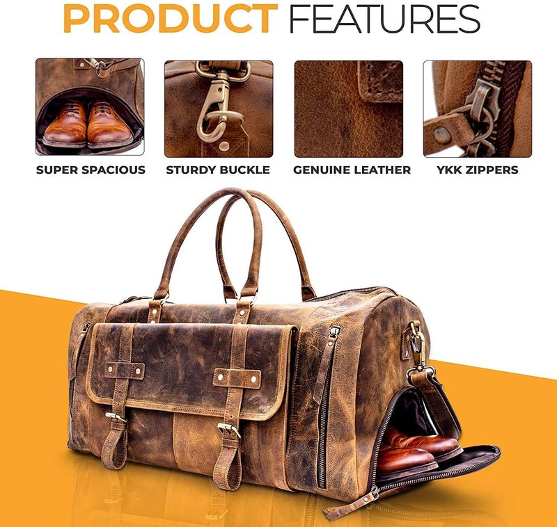 KomalC Leather Travel Duffle Bags for Men and Women cabin friendly Weekend Bag Sports Gym airplane carry on overnight duffel (Distressed Tan With Shoe Pocket) - Image 3